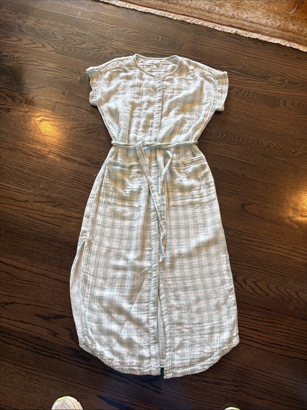 Lou & Grey Light Green Plaid Cotton Midi Dress with Tie Waist